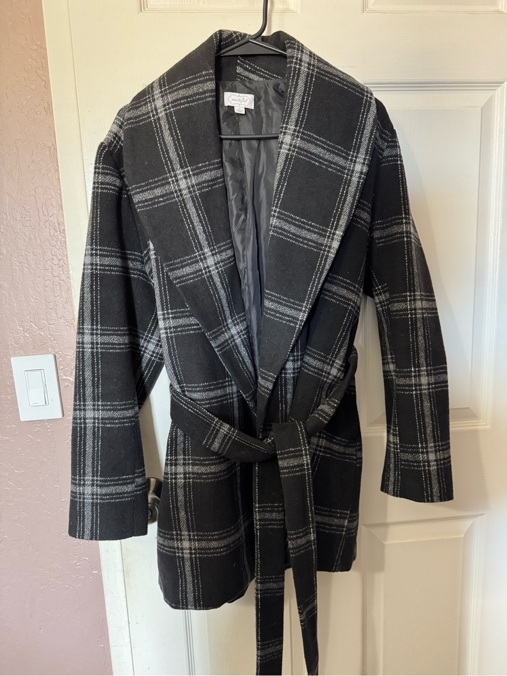 Mud Pie Black and Gray Plaid Wrap Trench Coat